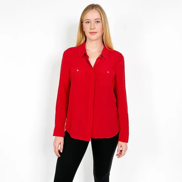 2/$30 White House Black Market Silk Button-Down Shirt Flap Pockets Red 12 #A0689 - Picture 1 of 7